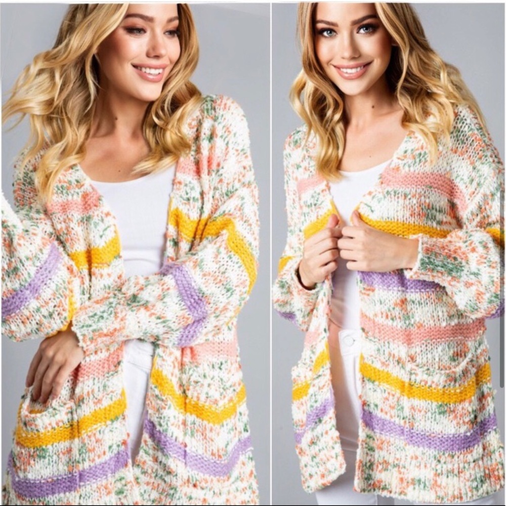 LAST ONE: Speckled knit women’s stripe confetti warm fall cardigan sweater